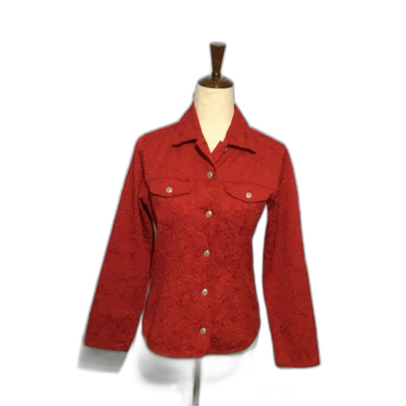 Chico's Red Embossed Jacket Silver Buttons XS - Picture 2 of 10